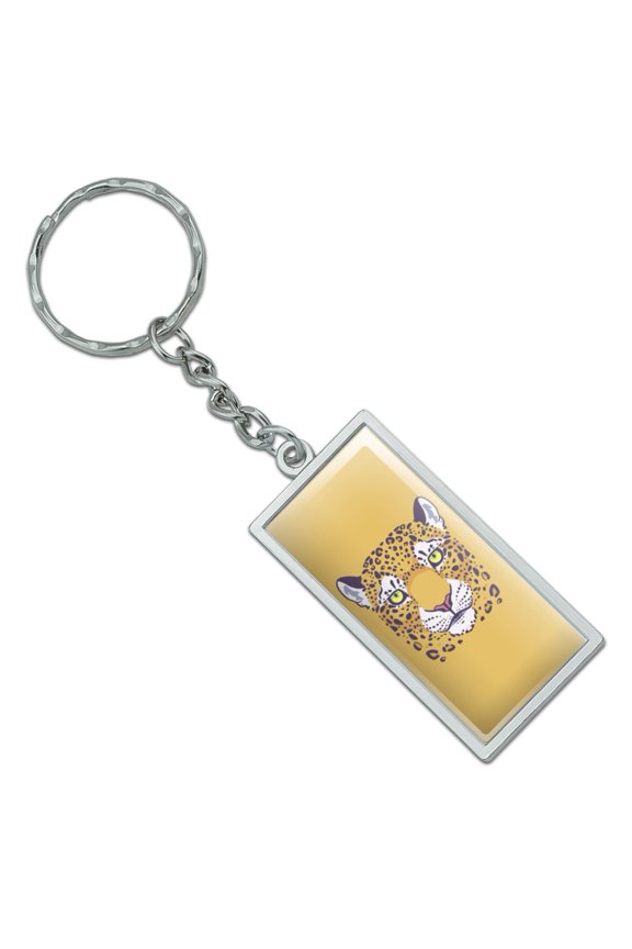 Rectangle Gold Spotted Leopard Face Keychain in Chrome Plated Metal