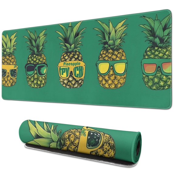 Rectangle Green and Yellow Mouse Mat, Funny Pineapple with Sunglasses, Large Non-Slip Rubber Gaming Mouse Pad with Stitched Edges, Office Mouse Pad for Women Men Kids, 31.5x11.8in