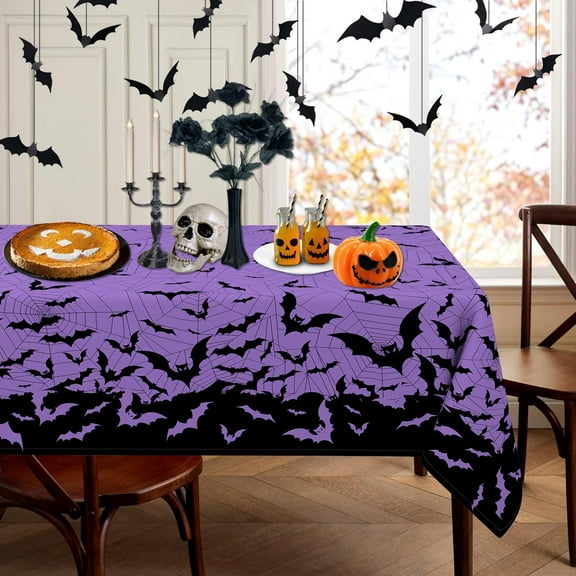 Rectangle Halloween Tablecloth 60×102 Inch, Halloween Purple Tablecloths Halloween Bat Washable Table Cover, Spooky Decoration Table Cloths Decor for Party Picnic Dinner