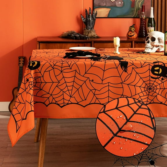 Rectangle Halloween Tablecloth - Spider Web Decorative Holiday Table Cloth, Waterproof and Washable Table Cover for Party Kitchen Dining Room Indoor, Cobweb/Orange 60 x 120 Inch