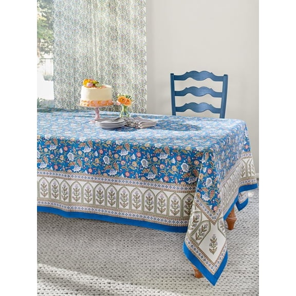 Rectangle Hand Block Printed Tablecloth - Enchanted - Blue Luxurious 100% Cotton, Washable, for Home Decor, Kitchen, Coffee Or Dining Table 70 x 90 Inches