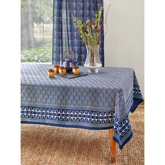 Rectangle Hand Block Printed Tablecloth - Pacific Blue Luxurious 100% Cotton, Washable, for Home Decor, Kitchen, Coffee Or Dining Table 70 x 90 Inches