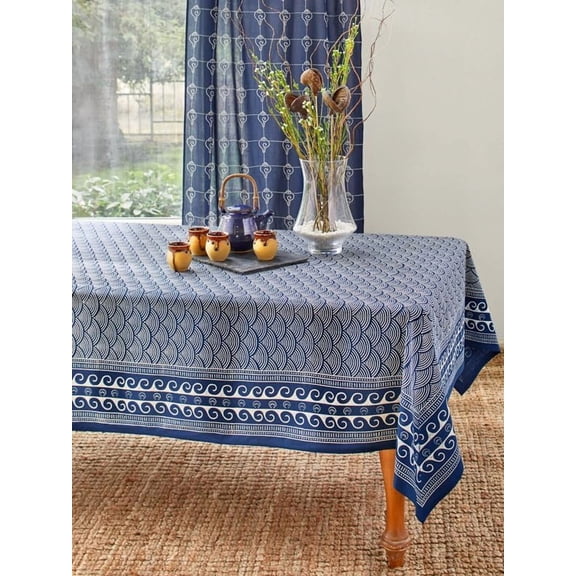 Rectangle Hand Block Printed Tablecloth - Pacific Blue Luxurious 100% Cotton, Washable, for Home Decor, Kitchen, Coffee Or Dining Table 70 x 90 Inches