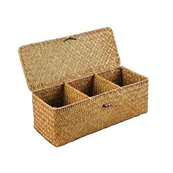 Rectangle Hand Woven Basket Desktop Natural Bamboo Weaving Storage Box 3-Slot