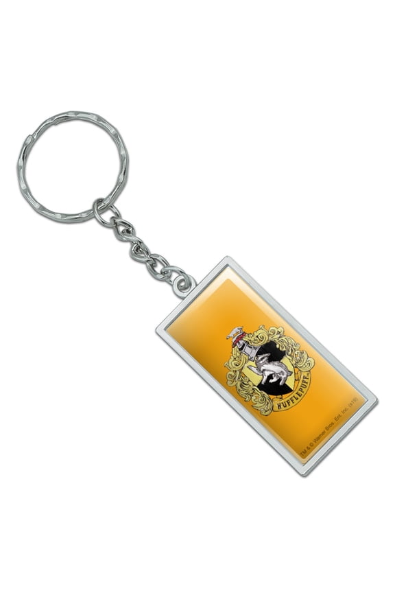 Rectangle Harry Potter Hufflepuff Painted Crest Keychain in Chrome Plated Metal