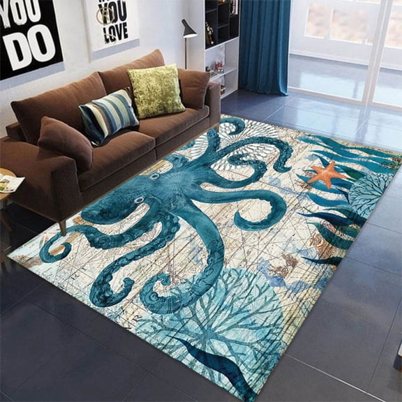 Rectangle Indoor Area Rugs, Vintage World Watercolor Sea Octopus Ocean Animal Non-Slip Accent Rug For Living Room Bedroom Office Kids Room Nursery 5' x 6'
