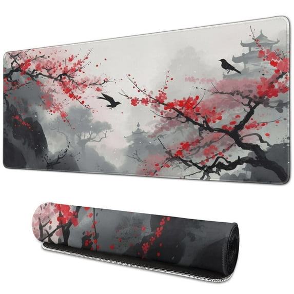 Rectangle Ink Painting Cherry Blossom Scenery Mouse Mat, Japanese Cherry Blossom Large Non-Slip Rubber Gaming Mouse Pad with Stitched Edges, Office Mouse Pad for Women Men Kids, 31.5x11.8in