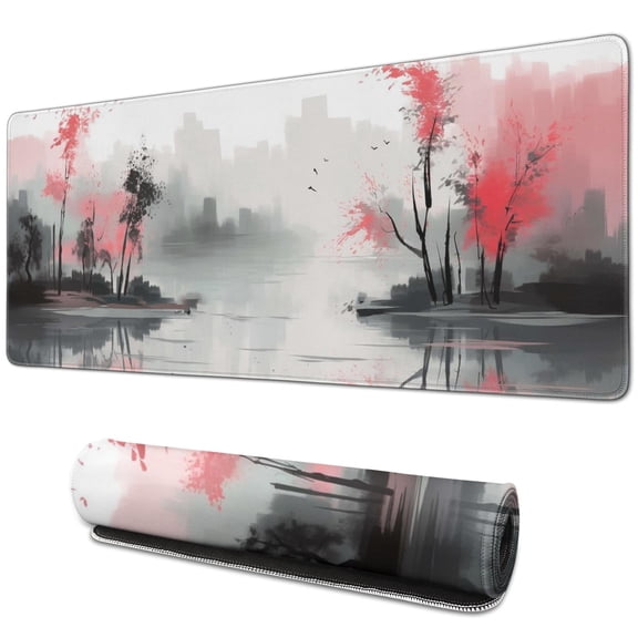Rectangle Ink Painting Cherry Blossom Scenery Mouse Mat, Japanese Cherry Blossom Large Non-Slip Rubber Gaming Mouse Pad with Stitched Edges, Office Mouse Pad for Women Men Kids, 31.5x11.8in