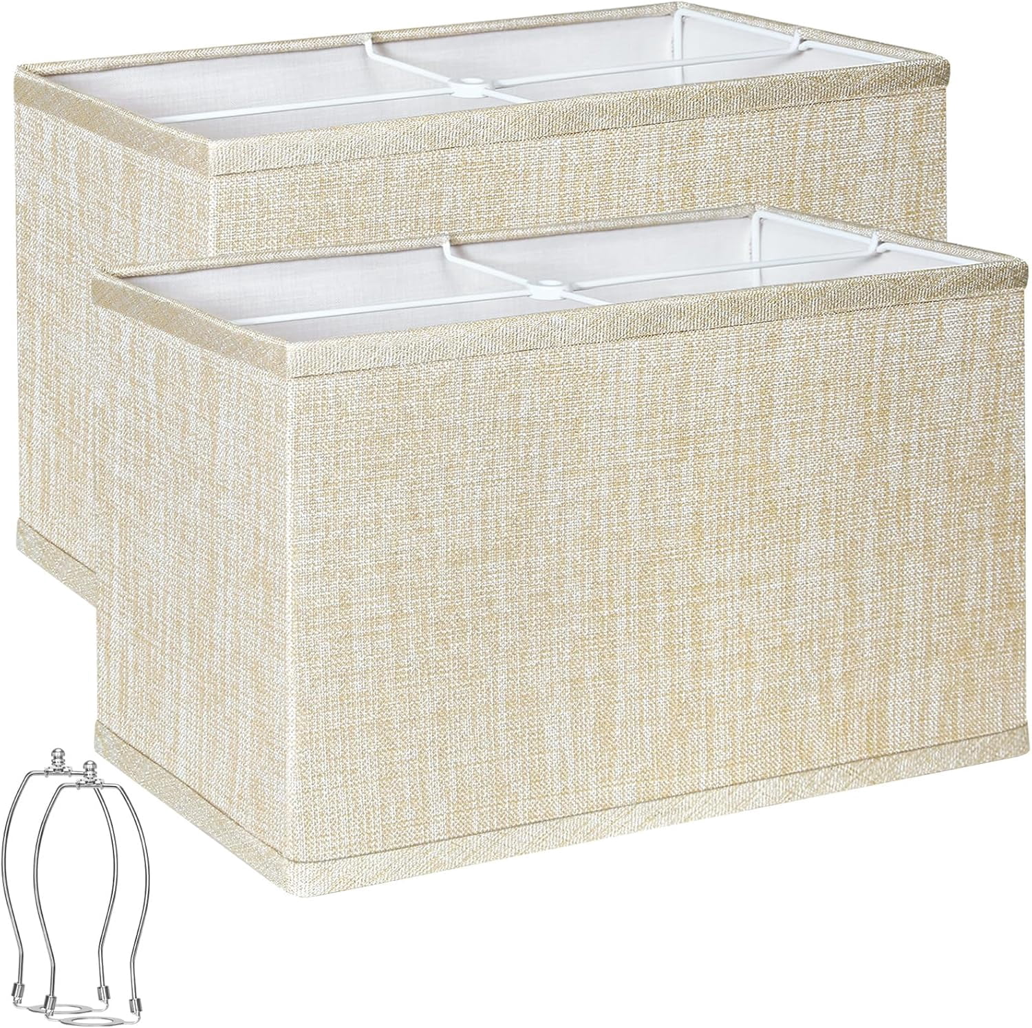 Rectangle Lamp Shades Set of 2,Champagne Beige Lamp Shades for Table Lamps, 16"L x 8"W x 10"H, Natural Linen Fabric Replacement Lampshades for Floor Lamp, Spider, Harp Holders Included, Easy Assembly