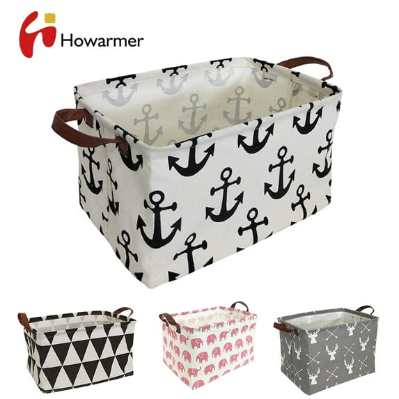 Rectangle Laundry Basket, 15" Baby Storage Basket for Girls, Waterproof Large Canvas Laundry Hamper for Nursery Clothes Toys College Dorms Organizer, Black Anchor