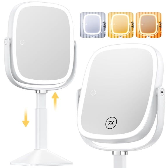 Rectangle Lighted Makeup Mirror with Lights and 1X/7X Magnifying Mirror, Height Adjustable and 4000mAh Rechargeable for Bedroom, 8.5x7.4 Large Surface, Stepless Dimming - White