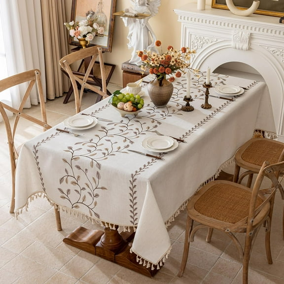 Rectangle Linen Tablecloth, Heavy Duty Waterproof Tablecloths, Farmhouse Embroidery Leaves Table Cloth with Tassels, Soft Wrinkle Free Table Cover, Coffee Vines, 140*200cm
