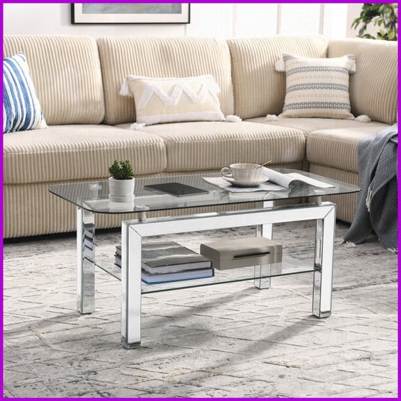 Rectangle Living Room Coffee Table with Silver Mirrored Legs, 2-Tier Storage & Easy-Clean Glass Surface
