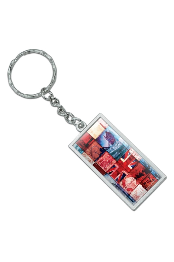 Rectangle London England Britain Bridge Tile Collage Keychain in Chrome Plated Metal