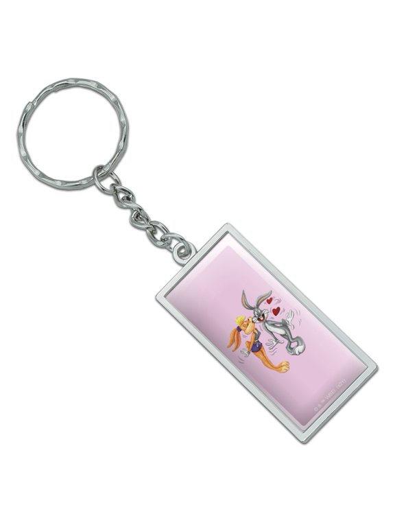 Rectangle Looney Tunes Bugs and Lola Kiss Keychain in Chrome Plated Metal
