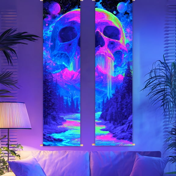Rectangle Luminous Polyester Decorative Wall Tapestrys for Home Decoration with Wood Bar Rope Hooks 130x33cm 2pcs/set