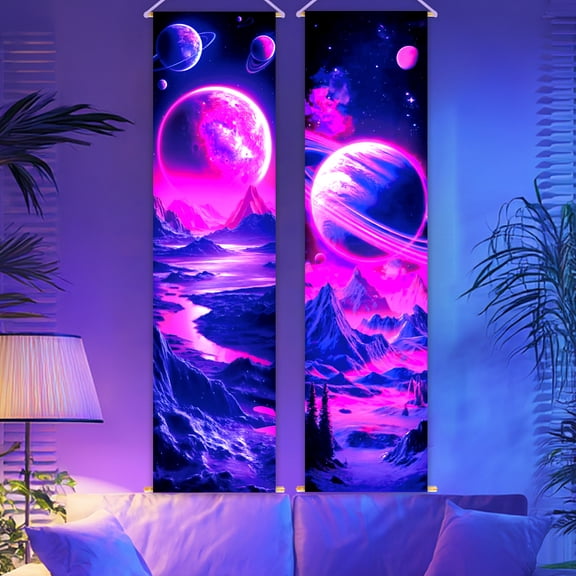 Rectangle Luminous Polyester Decorative Wall Tapestrys for Home Decoration with Wood Bar Rope Hooks Planet 130x33cm 2pcs/set