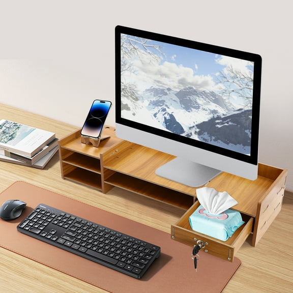 Rectangle MDF Computer Monitor Stand Holder with Lockable Drawer Office Monitor Stand Tabletop Dimensions 25.2x7.87x5.33 inches Ergonomic Design for Improved Workspace Organization