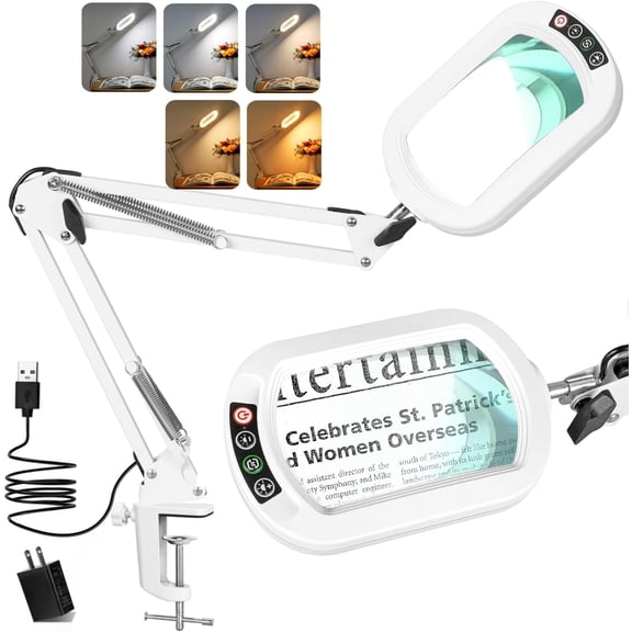 Rectangle Magnifying Glass with Light, Clamp & Stand, 5 Color Modes Stepless Dimmable Swing Arm Hands Free for Reading Painting Close Work - White