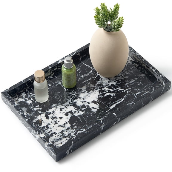 Black 12" x 8" x 1.2" Rectangle Marble Serving Tray for Bathroom Vanity, Kitchen, Desktop and Home Decor