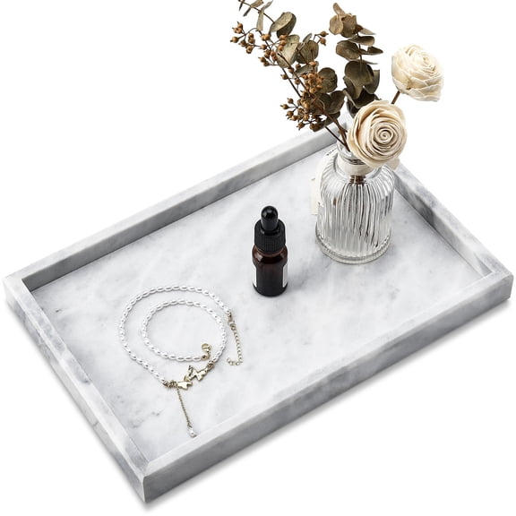 Rectangle Marble Serving Tray White 12" x 8" x 1.2" Bathroom Vanity Kitchen Desktop Decor