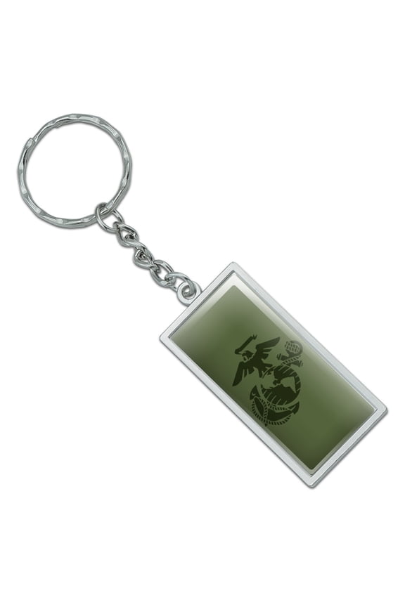 Rectangle Marines USMC Green Logo Keychain in Chrome Plated Metal