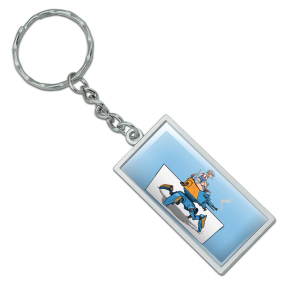 Rectangle Mechanic Girl Riding Mecha Robot Tank Mech Engineer Keychain in Chrome Plated Metal