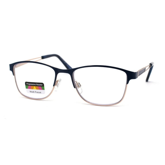 Rectangle Metal Half Rim Spring Hinge 3 Multi-Focal Progressive Reading Glasses Blue Gold +2.0
