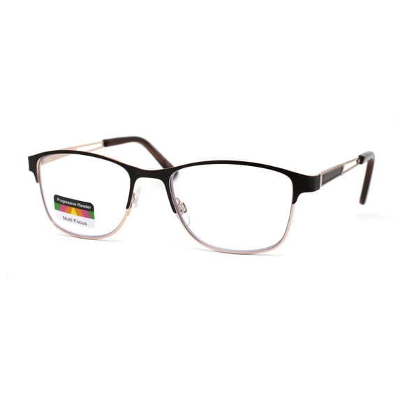 Rectangle Metal Half Rim Spring Hinge 3 Multi-Focal Progressive Reading Glasses Brown Gold +2.5