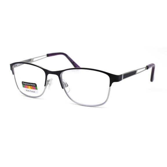 Rectangle Metal Half Rim Spring Hinge 3 Multi-Focal Progressive Reading Glasses Purple Silver +2.5
