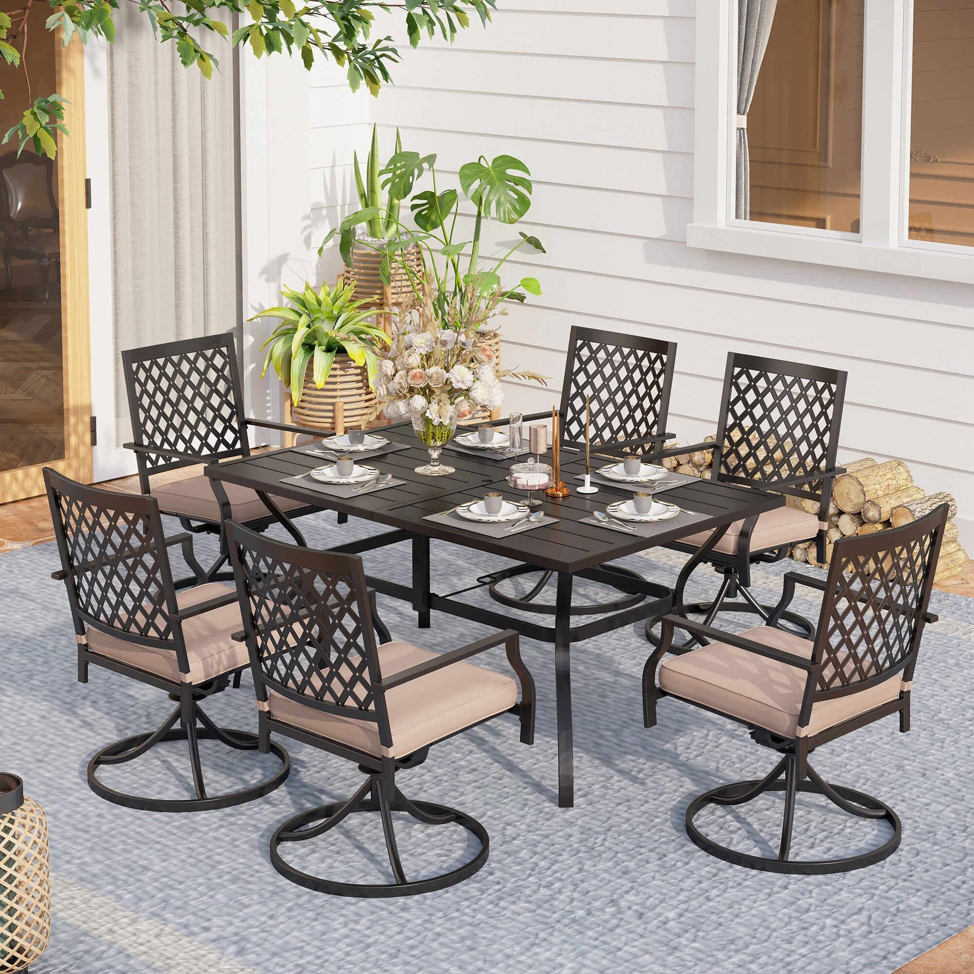 Rectangle Metal Table and 6 Swivel Chairs with Cushion 7 Piece Metal Outdoor Patio Dining Sets