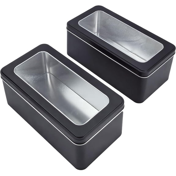 Rectangle Metal Tins with Window Lids, Black, 2Pcs | 8.8" x 4.5" x 3.5", Mini Storage Canister Jars Set, For Home Kitchen, Office and School Supplies