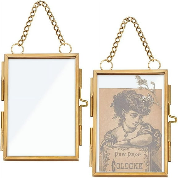 Rectangle Mini Brass Wall Hanging Photo Frame for Pressed Flower with Chain Double Glass Metal Picture Artwork Display Frame Gallery Wall Decor DIY