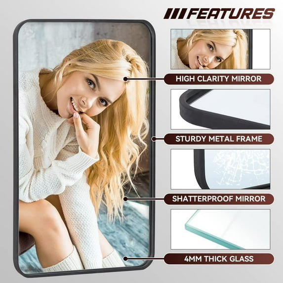 Rectangle Mirror Wall Mounted, Large Size Bathroom Vanity Wall Mirror with Rounded Corner Metal Frame 24" x 36" - Black