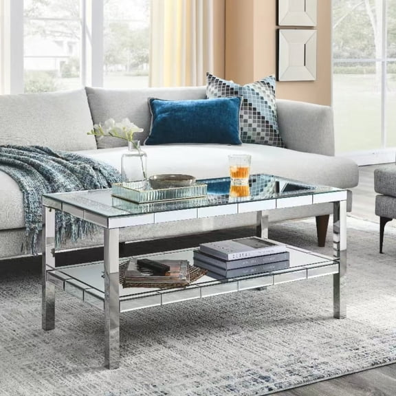 Rectangle Mirrored Coffee Table with Storage Shelf,2-Tier Tempered Glass Coffee Table,Luxury Living Room Table Center Table End Table Tea Table,Shinny Diamond Crystal Coffee Table,39.5"x19.75"x19.75"