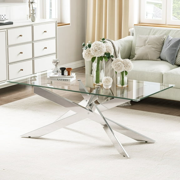 Rectangle Modern Coffee Glass Table, Tempered Glass Top and Gold Plated Metal Leg for Living Room Home Office