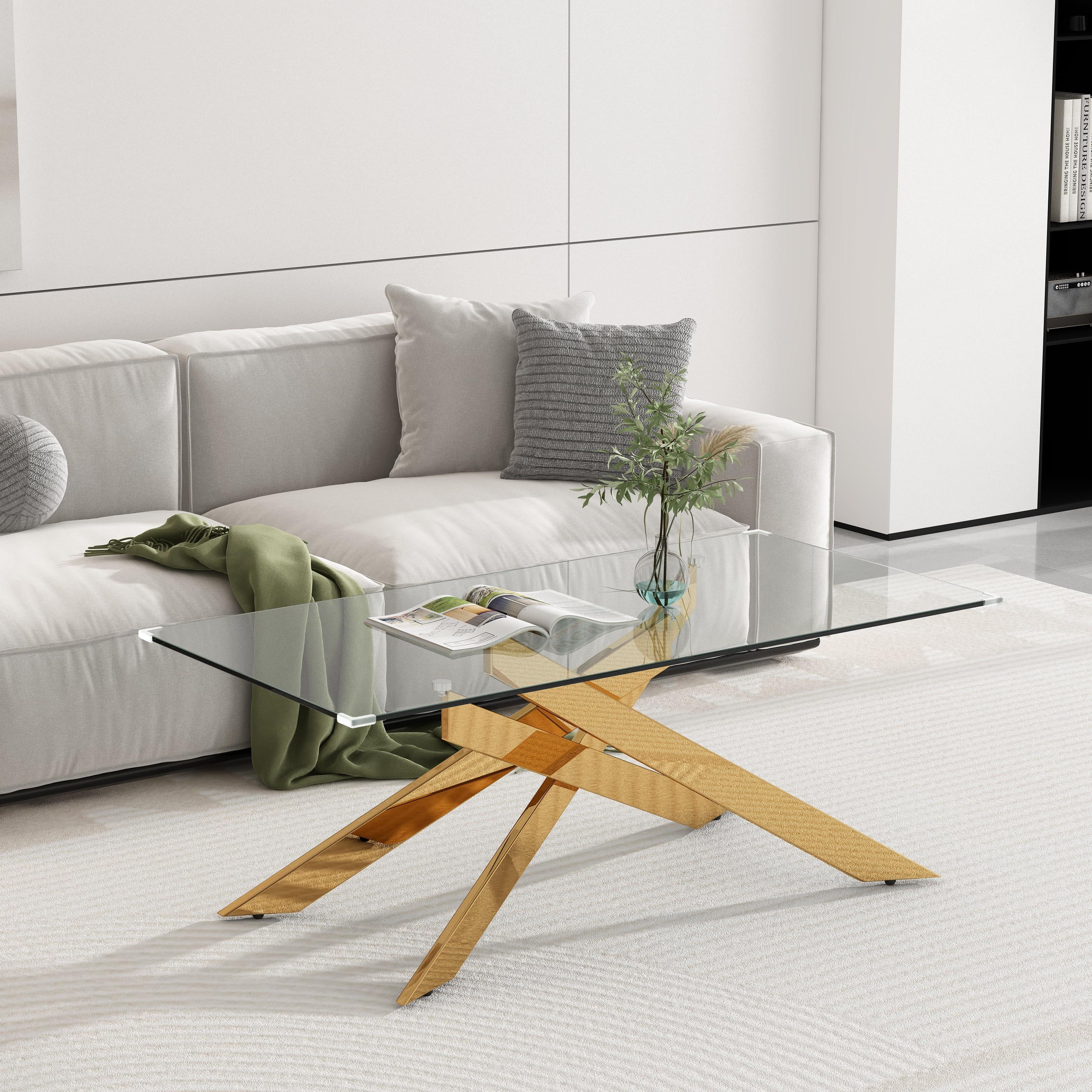 Modern Rectangular Glass Coffee Table with Gold Metal Base