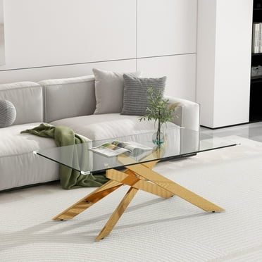 Rectangle Modern Coffee Glass Table, Tempered Glass Top and Gold Plated Metal Leg for Living Room Home Office