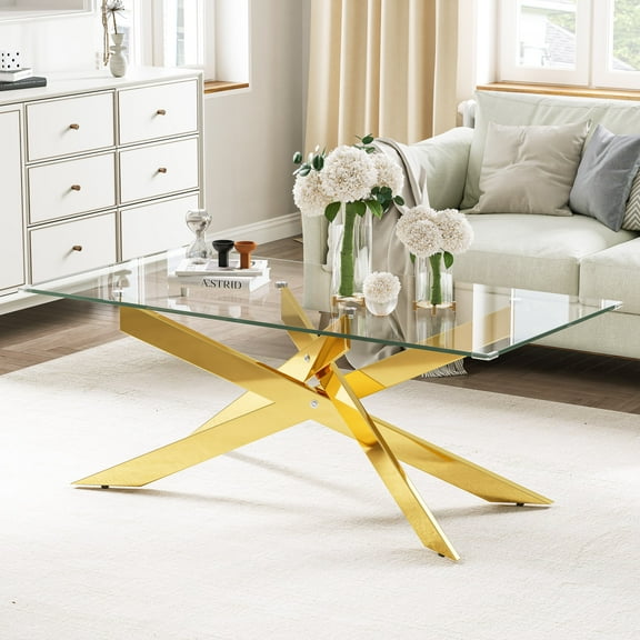 Rectangle Modern Coffee Glass Table, Tempered Glass Top and Gold Plated Metal Leg for Living Room Home Office