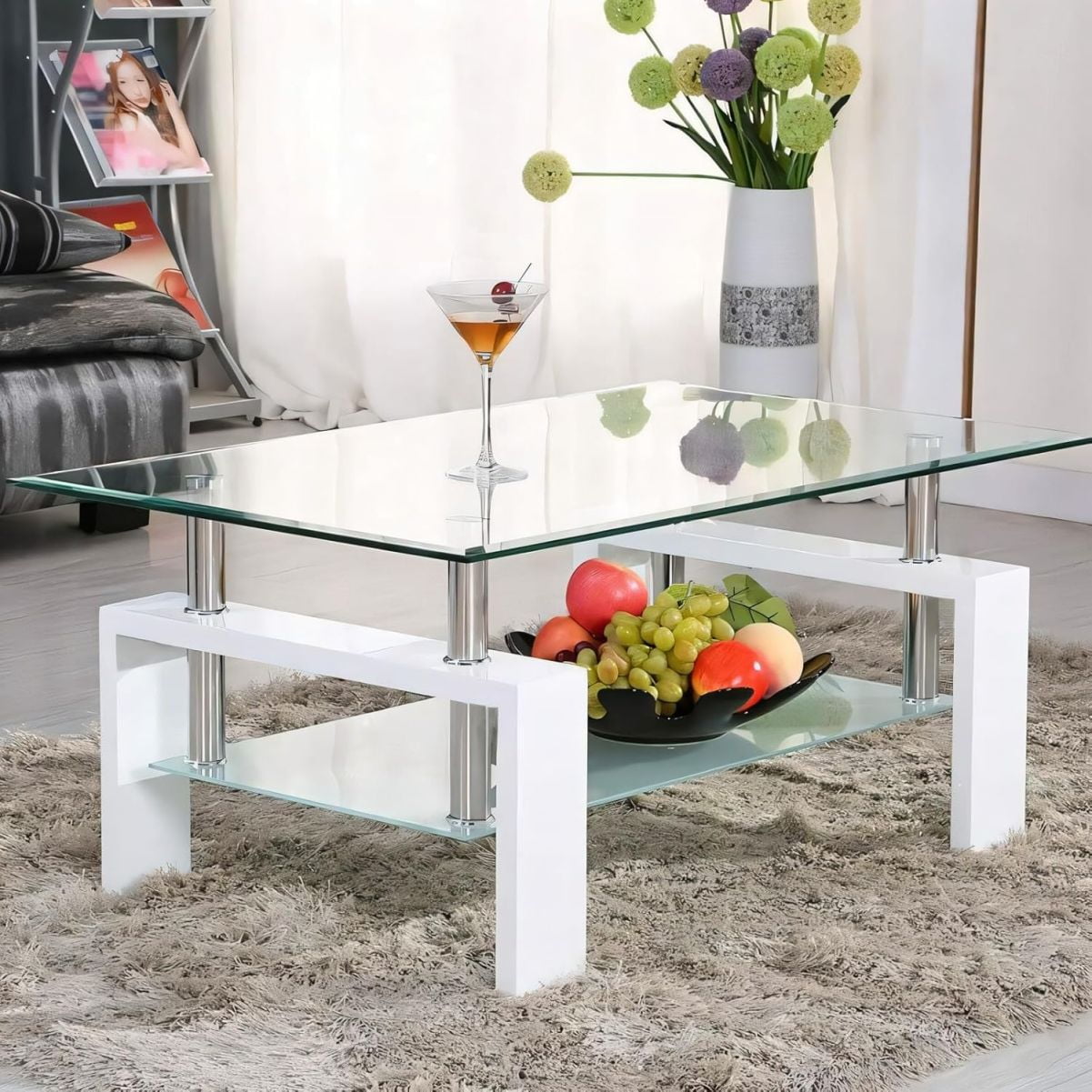 White Rectangular Glass Coffee Table with MDF Frame and Shelf