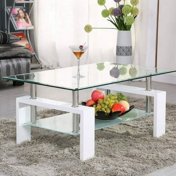 Rectangle Modern Coffee Table, 2 Tier Tempered Glass End Table, Living Room Table with Lower Shelf, Tea Table for Waiting Room, Reception Room, Office, White
