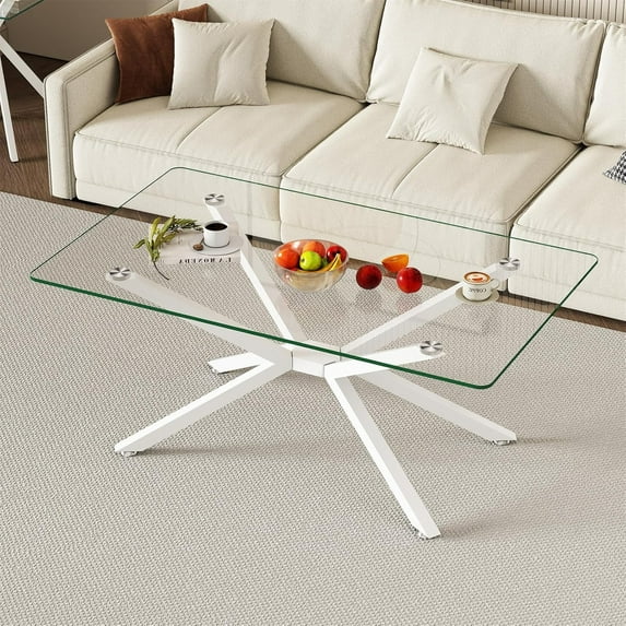 Rectangle Modern Glass Coffee Table,Clear Tempered Glass Top Coffee Table for Living Room,White Metal Tubular Legs Cocktail Table Glass Centre Table for Living Room, 39”Lx23.6”Wx17”H