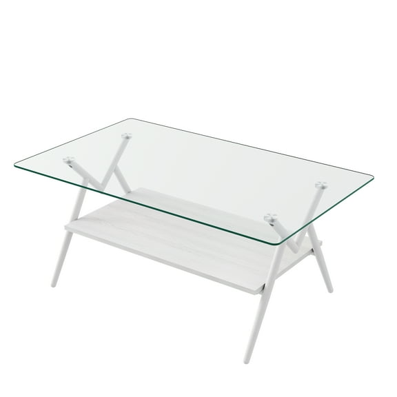 Rectangle Modern Glass Coffee Tables for Living Room, Small Center Table Tea Table Middle Table with Clear Tempered Glass Top, White Metal Frame, White Shelf, Mesa De Centro Para Sala (2 White)