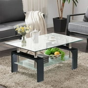 Rectangle, Modern Side Center Table with Shelf & Metal Legs, Mid-Century Tempered Glass Top Tea Table for Living Room, Home Furniture Cocktail Coffee Table - Clear, B1263