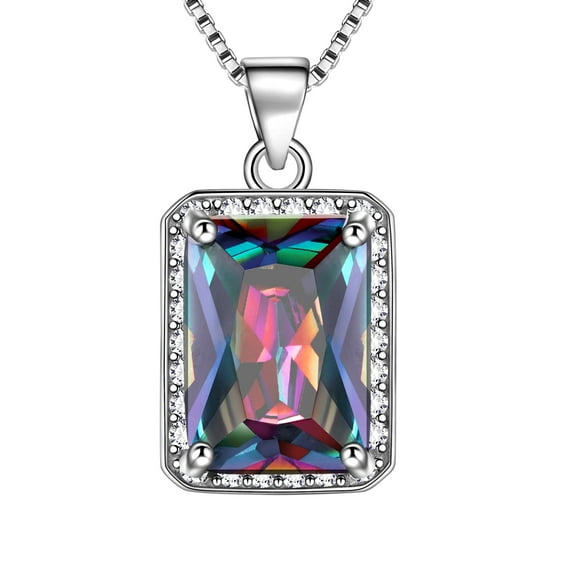 Juwaliy Rainbow Mystic Fire Topaz Necklace CZ 925 Sterling Silver Pendant Women Jewelry Christmas Birthday Anniversary Gifts for Wife Mother Grandma