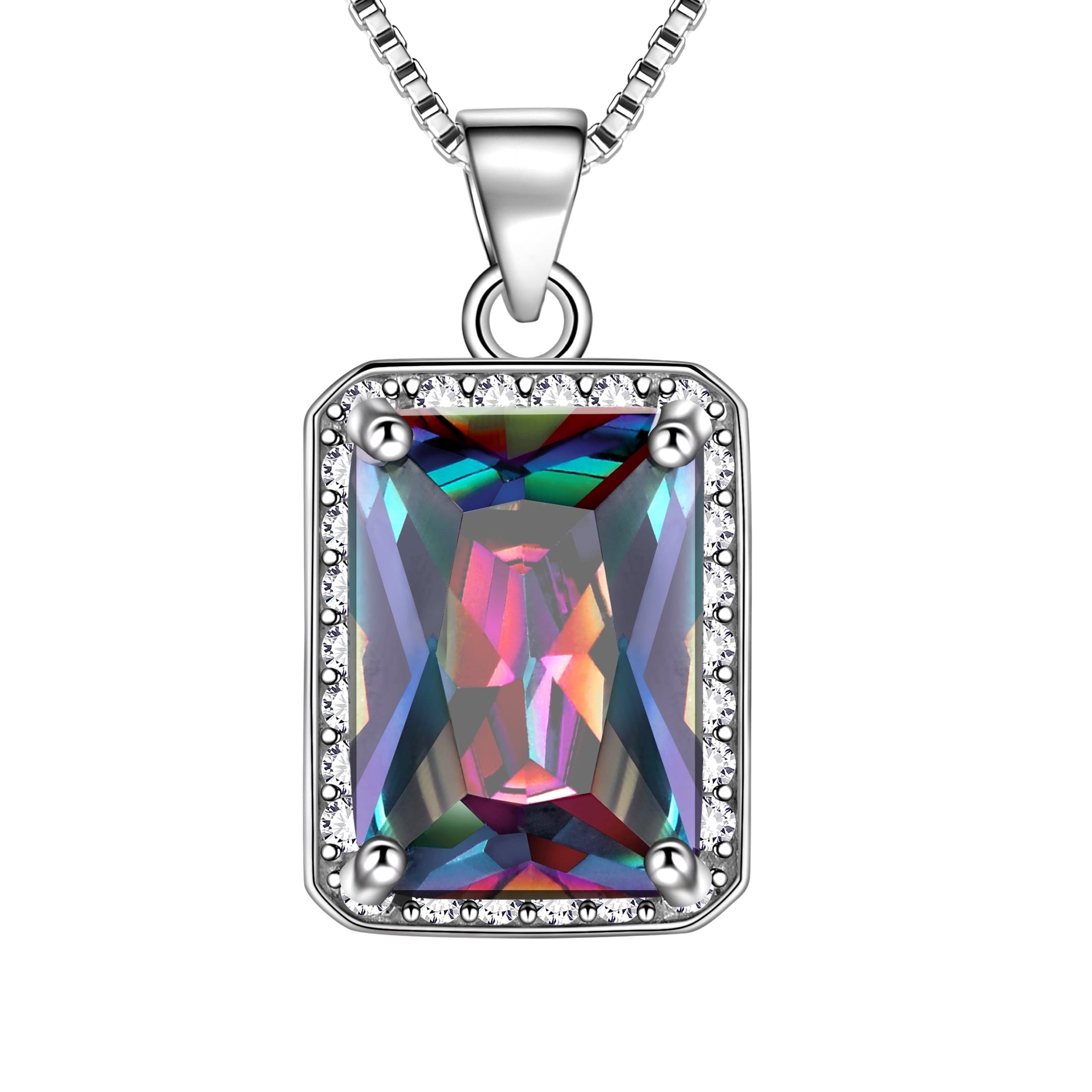 Juwaliy Rainbow Mystic Fire Topaz Necklace CZ 925 Sterling Silver Pendant Women Jewelry Christmas Birthday Anniversary Gifts for Wife Mother Grandma