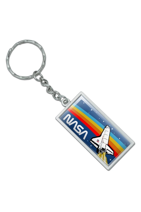 Rectangle NASA Logo Over Space Shuttle with Rainbow Keychain in Chrome Plated Metal