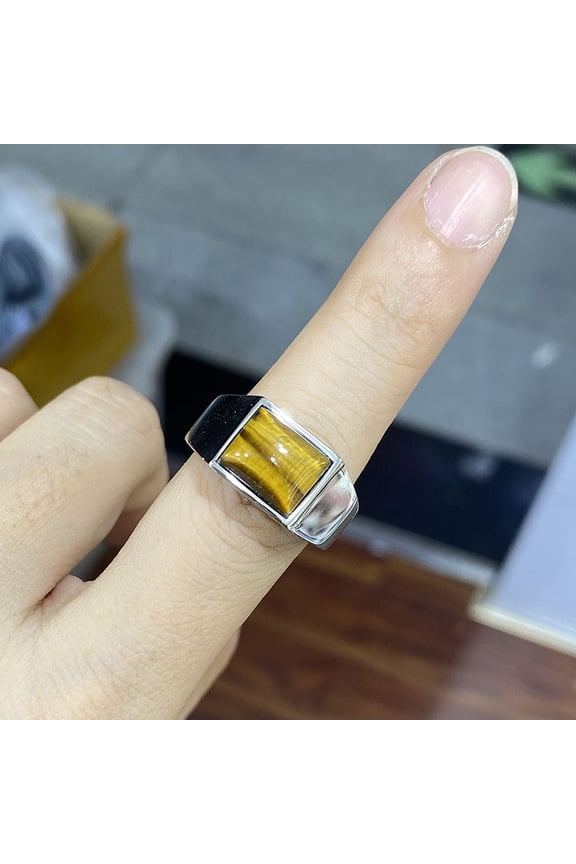 Rectangle Natural Tiger Eye Finger Ring Stainless Steel Jewelry Stainless Steel Color Size 12 1/4(21.5mm)
