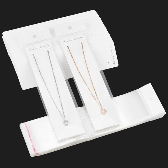 Rectangle Necklace Display Sets Cardboard Paper Cards with Self Adhesive Cellophane Bags White Card: 21x5.5x0.05cm Bag: 27.5cm