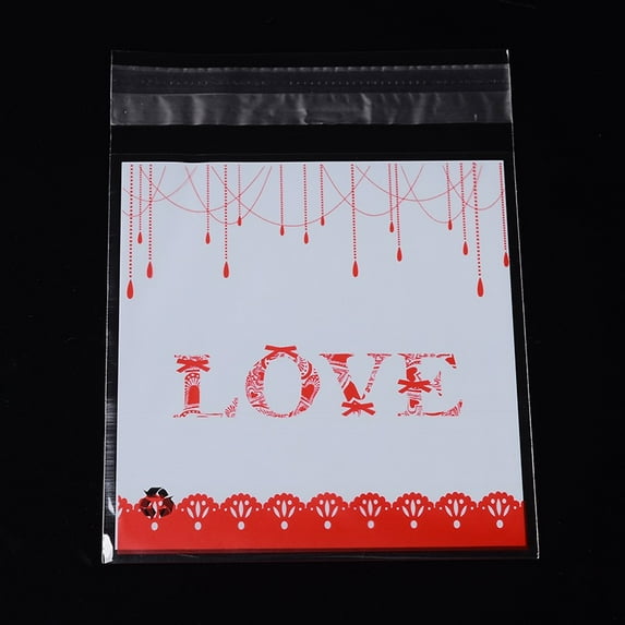 Rectangle OPP Cellophane Bags with Word Love Red 14x9.9cm Unilateral Thickness: 0.035mm Inner Measure: 11x9.9cm 95-100pcs/set